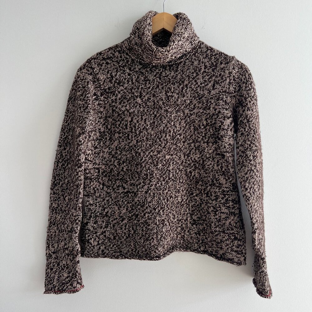 GAP Lambswool Cotton Turtleneck Sweater Marled Chunky Knit Brown Cream L